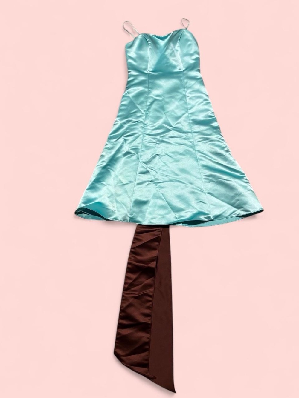 Aqua Satin Spaghetti-Strap Mini Dress with Brown Sash